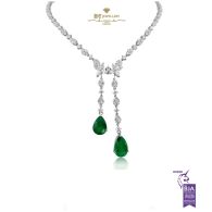 White Gold Pear Cut Emerald & Mix Cut Diamond Classic Sweeping Necklace - 5.94ct