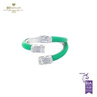 White Gold Claw Baguette Diamond Green Enamel Ring - 0.35ct