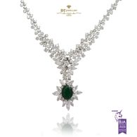 White Gold Oval Cut Emerald & Mix Cut Diamond Necklace - 7.67ct