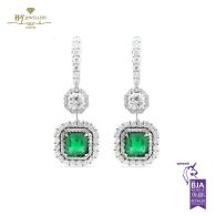 White Gold Square Emerald Cut Emerald  & Octagon with Brilliant Cut Diamond Earrings - 6.11ct