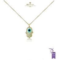 Yellow Gold Mother of Pearl & Brilliant Cut Diamond Fatima Hand Pendant - 0.25ct