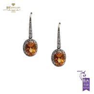 White Gold Oval Cut Orange Sapphire & Brilliant Cut Diamond Drop Earrings - 2.65 ct