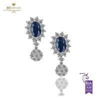 White Gold Oval Cut Royal Blue Sapphire & Brilliant Cut Diamond Earrings - 1.97ct