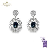 White Gold Oval Cut Sapphire & Brilliant Cut Diamond Earrings - 3.29ct