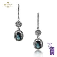 White Gold Oval Cut Sapphire & Brilliant Cut Diamonds Drop Earrings - 2.54ct