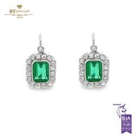 White Gold Emerald Cut Green Emerald & Brilliant Cut Diamond Earrings - 2.77ct