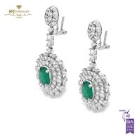 White & Yellow Gold Oval Cut Zambian  Emerald & Mix Cut Diamond Earrings - 4.80ct