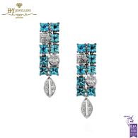 White Gold Princess Cut Blue Topaz & Brilliant Cut Diamond Drop Earrings - 7.34ct