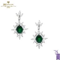 White Gold Oval Cut Emerald & Mix Cut Diamond Drop Venus Design Earrings - 5.89 ct