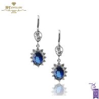 White Gold Oval Cut Royal Blue Sapphire & Brilliant Cut Diamond Earrings - 2.21ct