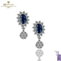 White Gold Oval Cut Royal Blue Sapphire & Brilliant Cut Diamond Earrings - 1.97ct