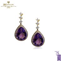 Yellow Gold Pear Cut Amethyst & Brilliant Cut Diamond Drop Earrings - 13.02ct