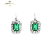White Gold Emerald Cut Green Emerald & Brilliant Cut Diamond Earrings - 2.77ct