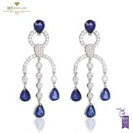 White Gold Pear Cut Sapphire & Brilliant Cut Diamond Chandelier Earrings - 9.45ct