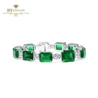 White Gold Emerald Cut Emerald Gemstone & Brilliant Cut Diamond Tennis Bracelet - 38.99 ct