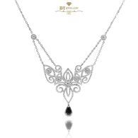 White Gold Pear Cut Blue Sapphire & Brilliant Cut Diamond Filigree Design Necklace - 3.32ct