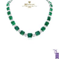 White Gold Emerald Cut Green Zambian Emerald & Brilliant Cut Diamond Necklace - 118.54 ct