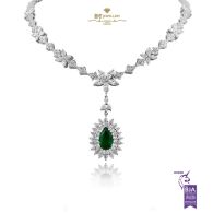 White Gold Pear Cut Emerald & Mix Cut Diamond Necklace - 6.38ct