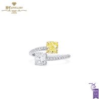 White Gold  Cushion Cut Fancy Yellow & White & Round White Diamond Ring - 2.17ct