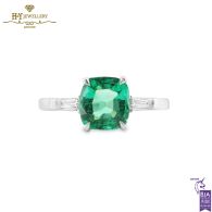 White Gold Cushion Cut Green Natural Zambian Emerald & Baguette Cut Diamond Ring - 1.35ct