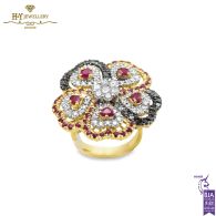 Yellow Gold Brilliant Cut Ruby & Diamond Flower Shape Ring - 4.40ct