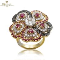 Yellow Gold Brilliant Cut Ruby & Diamond Flower Shape Ring - 4.40ct