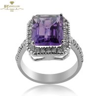 White Gold Radiant Cut Amethyst & Brilliant Cut Diamond Ring - 3.20ct