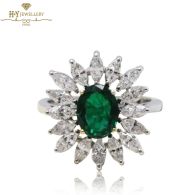 White Gold Oval Cut Emerald & Marquise Cut Diamond Floral Shape Ring - 2.83ct