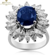 White Gold Oval Cut Sapphire & Marquise Cut Diamond Ring - 5.11 ct