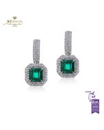 White Gold Emerald Cut Colombian Emerald & Brilliant Cut Diamond Earrings - 4.49 ct