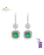 White Gold Square Emerald Cut Emerald  & Octagon with Brilliant Cut Diamond Earrings - 6.11ct