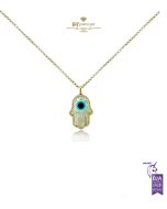 Yellow Gold Mother of Pearl & Brilliant Cut Diamond Fatima Hand Pendant - 0.25ct