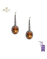 White Gold Oval Cut Orange Sapphire & Brilliant Cut Diamond Drop Earrings - 2.65 ct