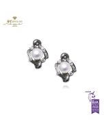 White Gold Pearl & Brilliant Cut Diamond Earrings - 0.30ct