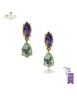 Yellow Gold Marquise Cut Amethyst & Pear Cut Blue Topaz Earrings