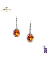 White Gold Oval Cut Orange Sapphire & Brilliant Cut Diamond Drop Earrings - 2.65 ct