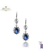 White Gold Oval Cut Royal Blue Sapphire & Brilliant Cut Diamond Earrings - 2.21ct