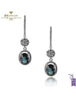 White Gold Oval Cut Sapphire & Brilliant Cut Diamonds Drop Earrings - 2.54ct