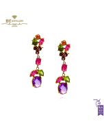 Yellow Gold Mix Cut Amethyst, Topaz, Peridot and Citrine Drop Chandelier Earrings 