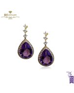 Yellow Gold Pear Cut Amethyst & Brilliant Cut Diamond Drop Earrings - 13.02ct