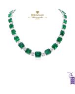 White Gold Emerald Cut Green Zambian Emerald & Brilliant Cut Diamond Necklace - 118.54 ct