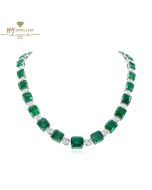 White Gold Emerald Cut Green Zambian Emerald & Brilliant Cut Diamond Necklace - 118.54 ct