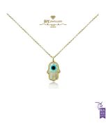 Yellow Gold Mother of Pearl & Brilliant Cut Diamond Fatima Hand Pendant - 0.25ct