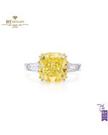 White Gold Cushion Cut Fancy Yellow Diamond & Tapered Cut Diamond Ring - 6.41 ct 