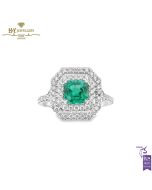 White Gold Cushion Cut Natural Zambian Emerald & Brilliant Cut Diamond Ring - 1.60ct