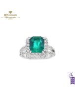 White Gold Emerald Cut Bluish Green Emerald & Brilliant Cut Diamond Ring - 3.50ct