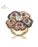 Yellow Gold Brilliant Cut Ruby & Diamond Flower Shape Ring - 4.40ct