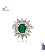 White Gold Oval Cut Emerald & Marquise Cut Diamond Floral Shape Ring - 2.83ct