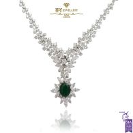 White Gold Oval Cut Emerald & Mix Cut Diamond Necklace - 7.67ct