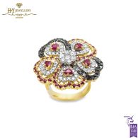 Yellow Gold Brilliant Cut Ruby & Diamond Flower Shape Ring - 4.40ct